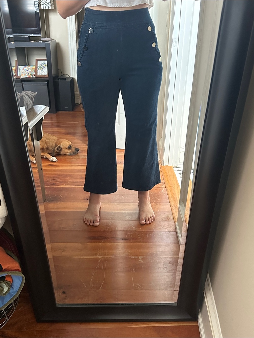 kate spade Navy Wide-Leg Jeans with Gold Buttons